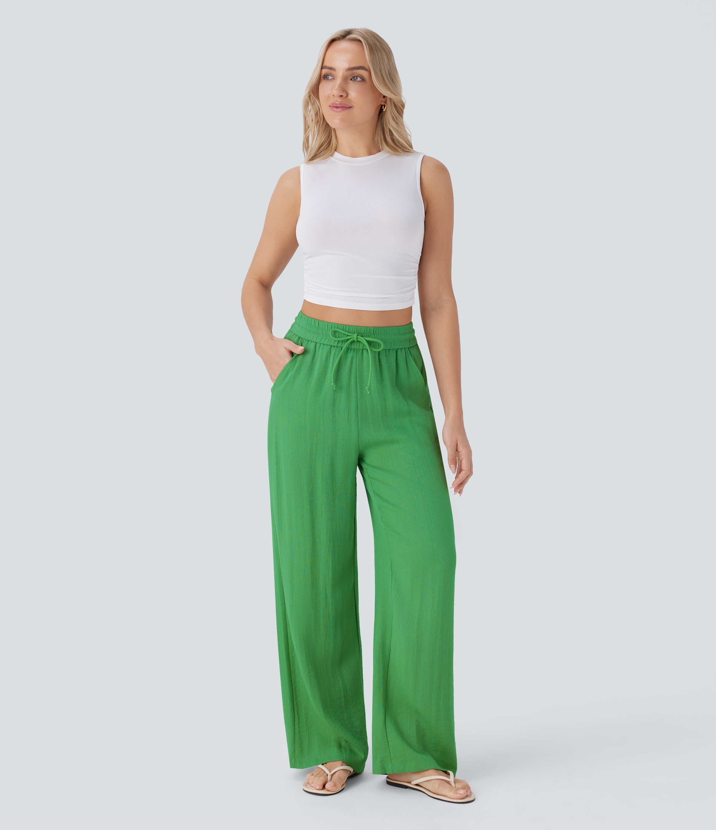 Women Summer High Waisted Drawstring Pocket Wide Leg Casual Linen-Feel Pants