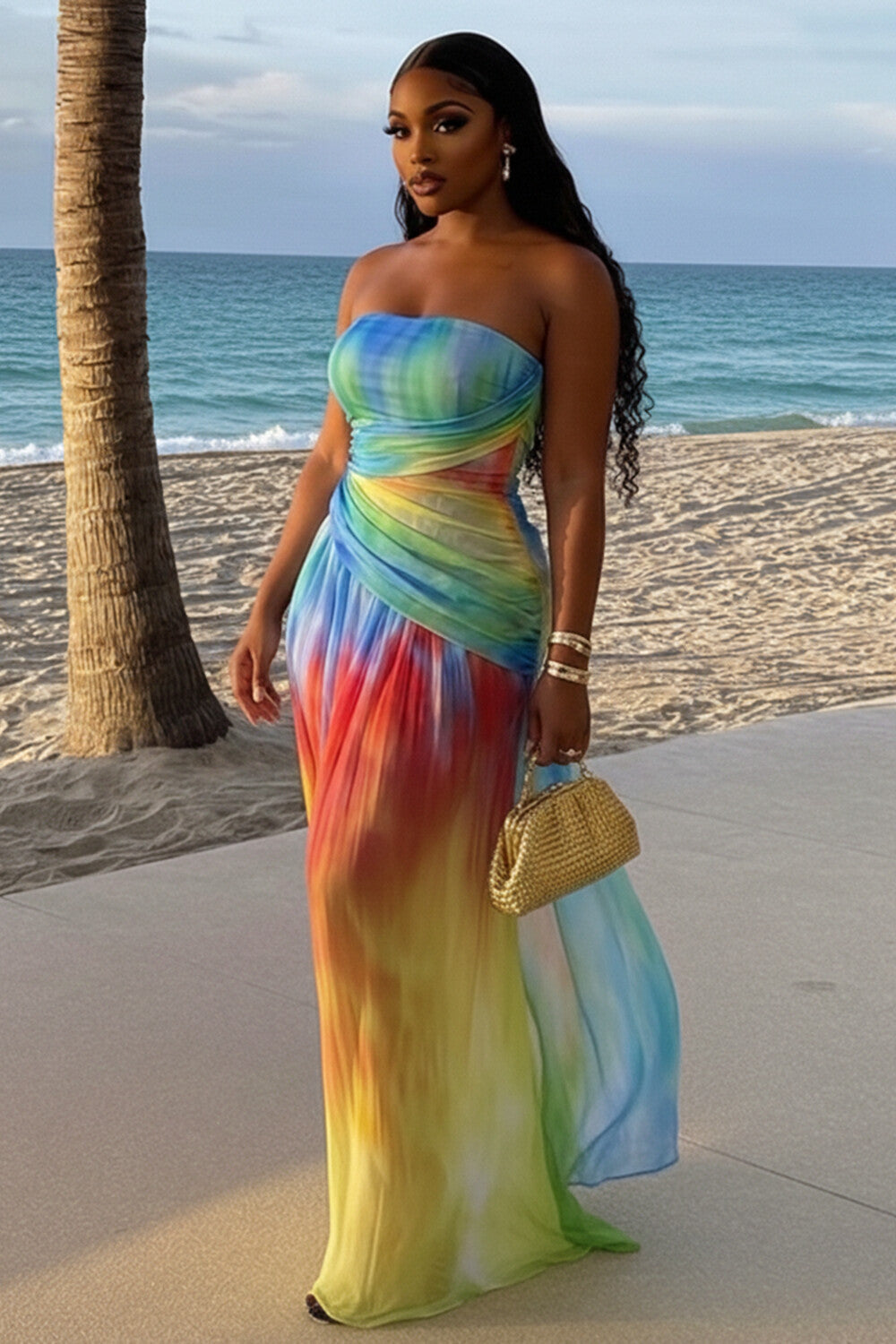 Strapless Ruched Slim Fit Mesh Vacation Maxi Dresses-Multicolor