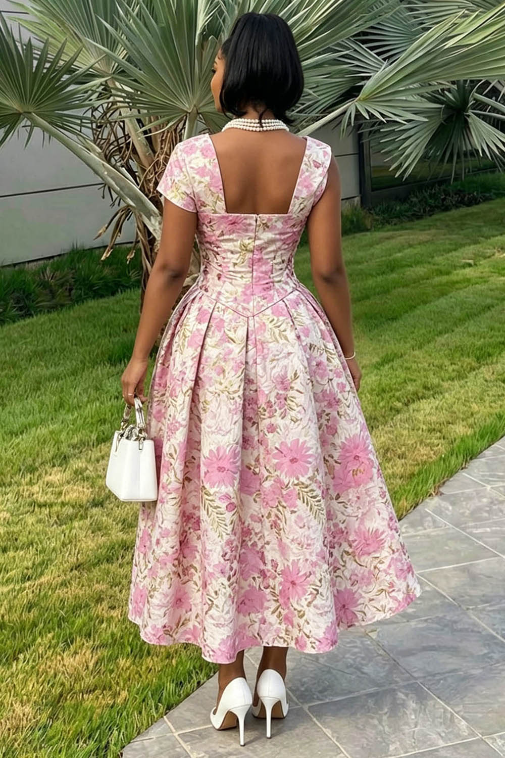 Irregular Neck Sleeveless Jacquard A-Line Party Maxi Dresses-Pink