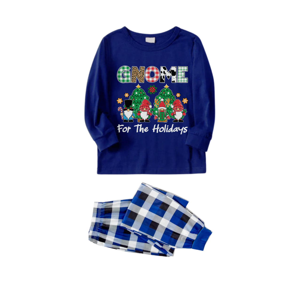 Christmas Family Matching Pajamas-Navy & White Plaid Pjs Set with "Gnome For The Holidays" Print