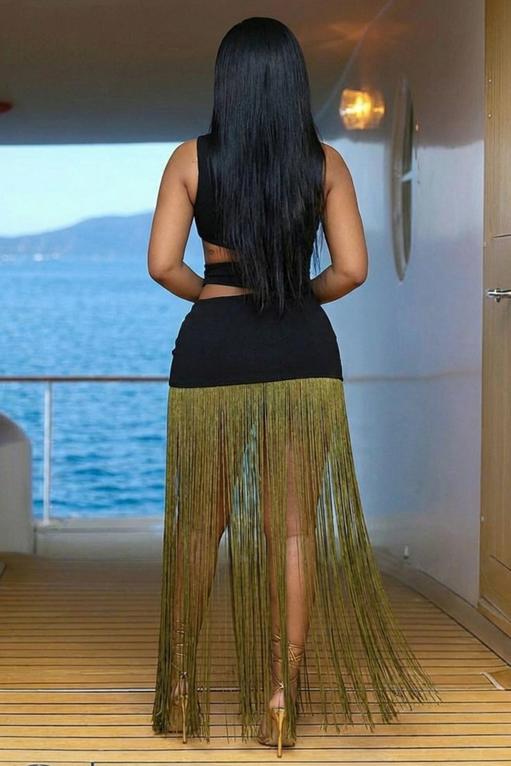 One Shoulder Cut Out Colorblock Fringe Party Maxi Dresses-Black
