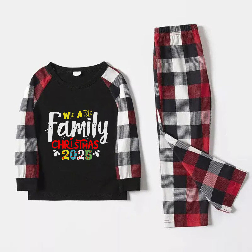 Christmas Family Matching Pajamas-Red and Gray Plaid Pjs set with "We Are Family" Christmas Slogan Print