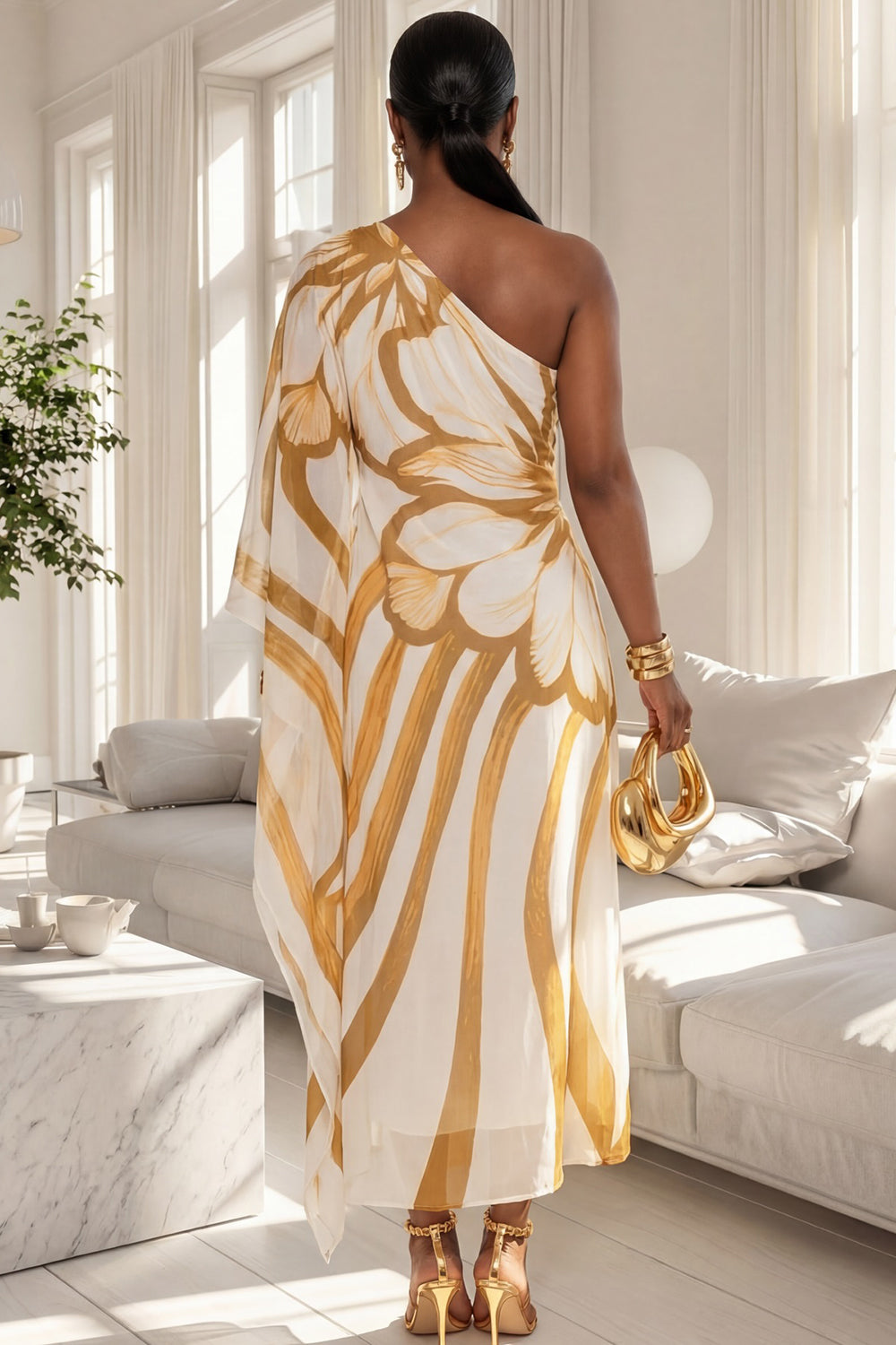 One Shoulder Batwing Sleeve Floral Vacation Maxi Dresses-Gold