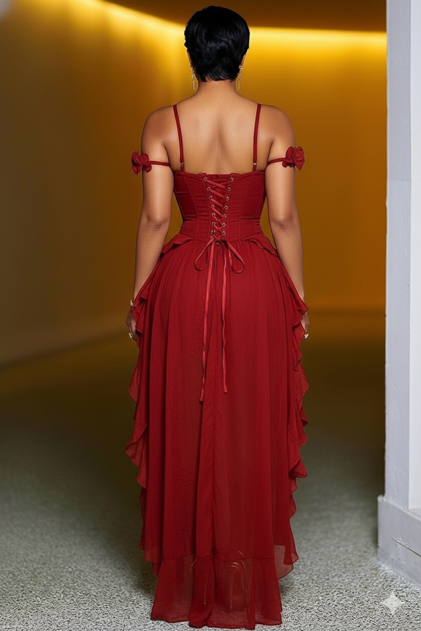 Cami Neck Cinch Waist Ruched High-Low Hem Maxi Dresses-Burgundy
