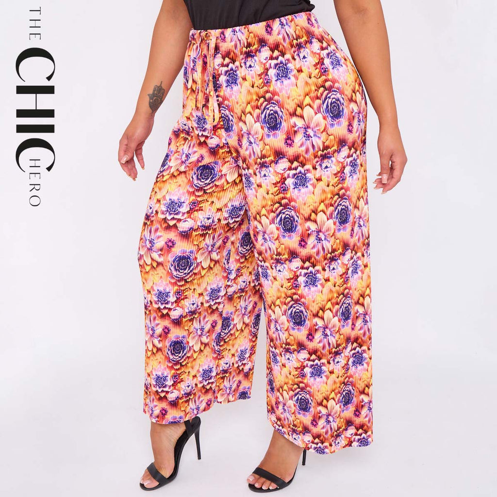 Multicolor Bloom Print Abstract Wide-Leg Drawstring Palazzo Pleated Pants