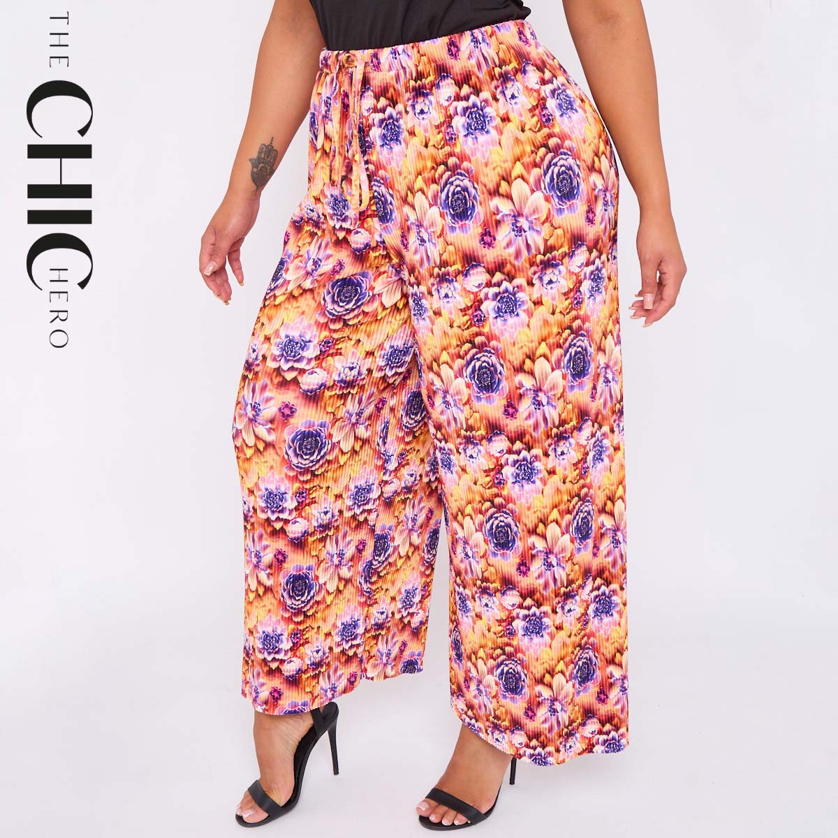Multicolor Bloom Print Abstract Wide-Leg Drawstring Palazzo Pleated Pants