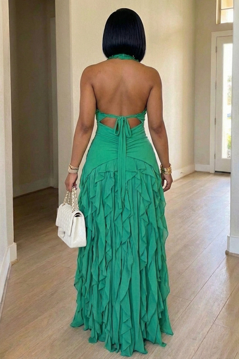 Halter Backless Cinch Waist Ruffle Trim Casual Maxi Dresses-Green