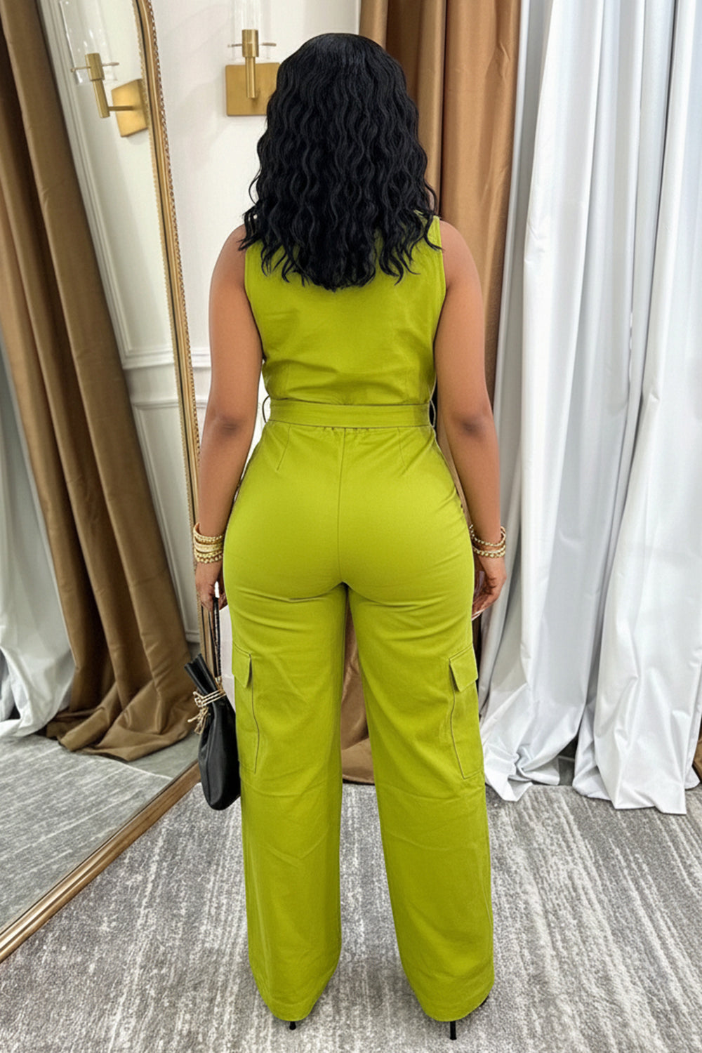 Cargo Turndown Collar Sleeveless Zip Up Casual Jumpsuit-Green