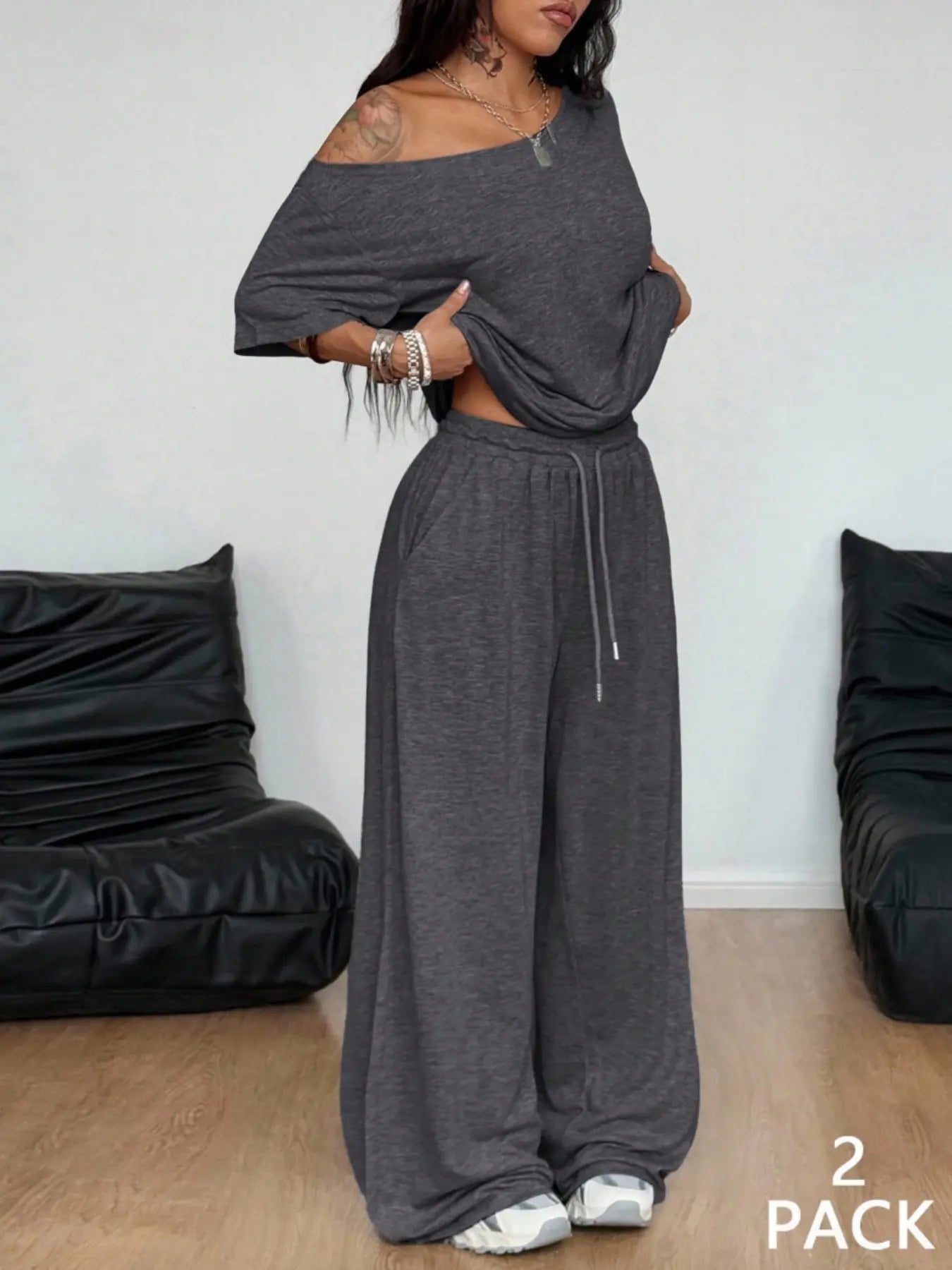 2pcs/Set Women's Minimalist Basic Daily Wear Going Out Sport Comfortable Off Shoulder T-Shirt And Wide Leg Pants Two Pieces Outfits