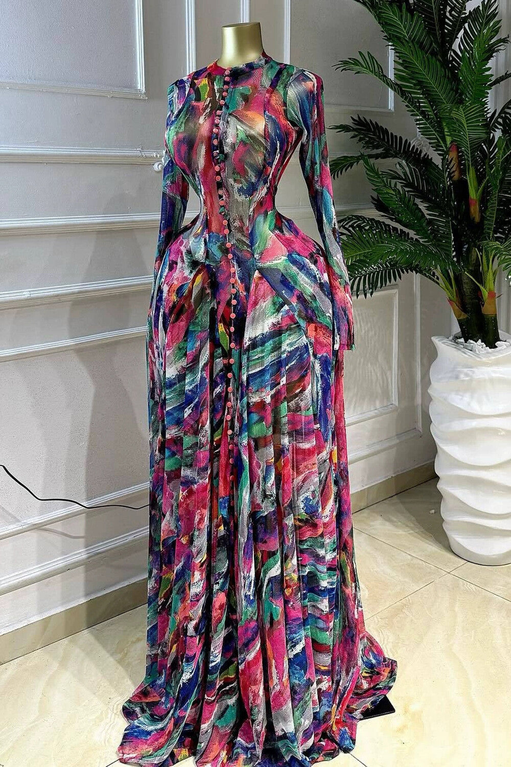 All Over Print Round Neck Long Sleeve Cinch Waist Maxi Dresses-Multicolor