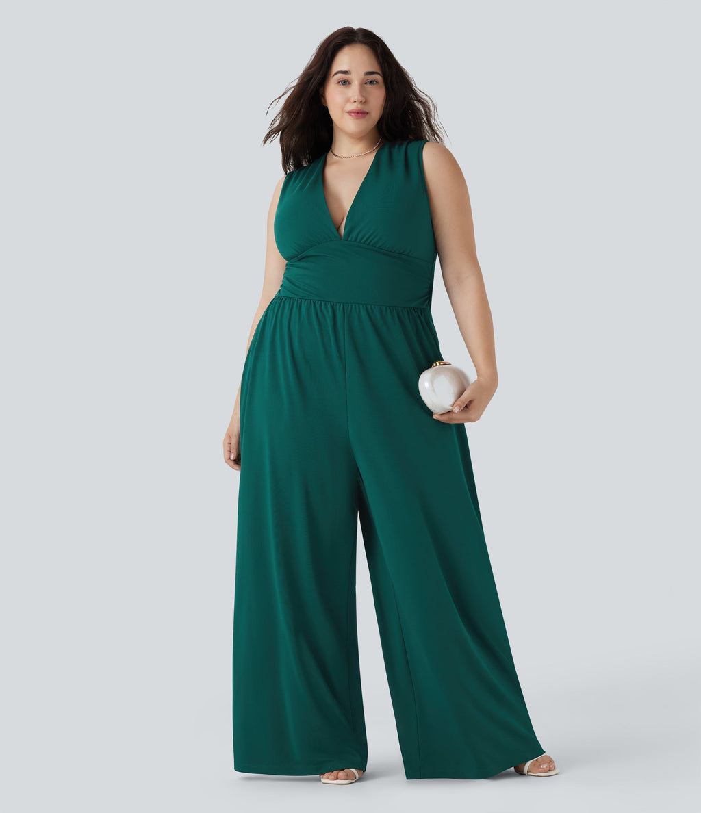 Plus Size V Neck Sleeveless Jumpsuit with Pockets-Easy Peezy Edition