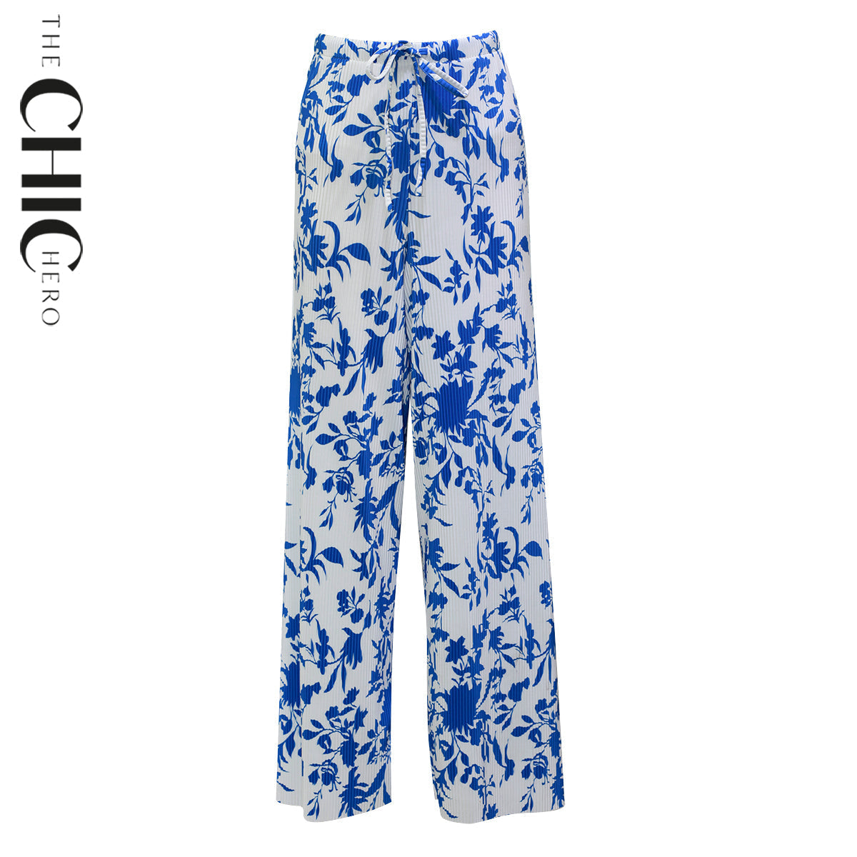 Chic Blue Botanical Prints V-Neck Vest Top & Pleated Pants
