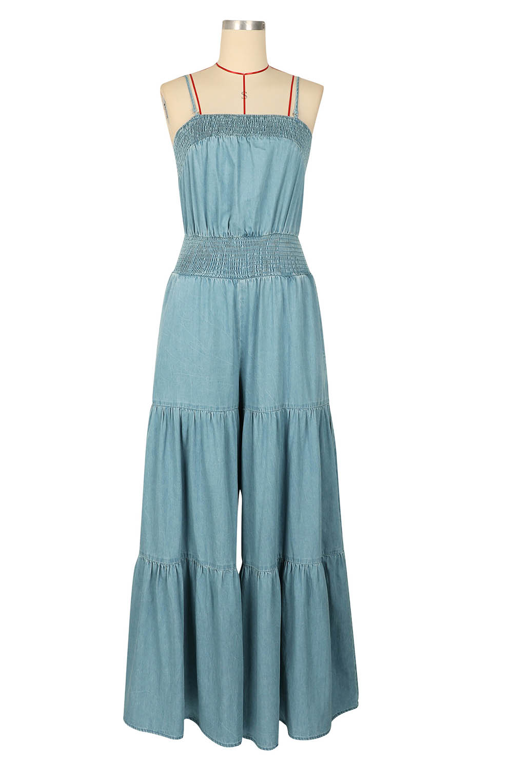 Convertible Strapless Cami Neck Denim Smocking Wide Leg Casual Jumpsuit-Blue