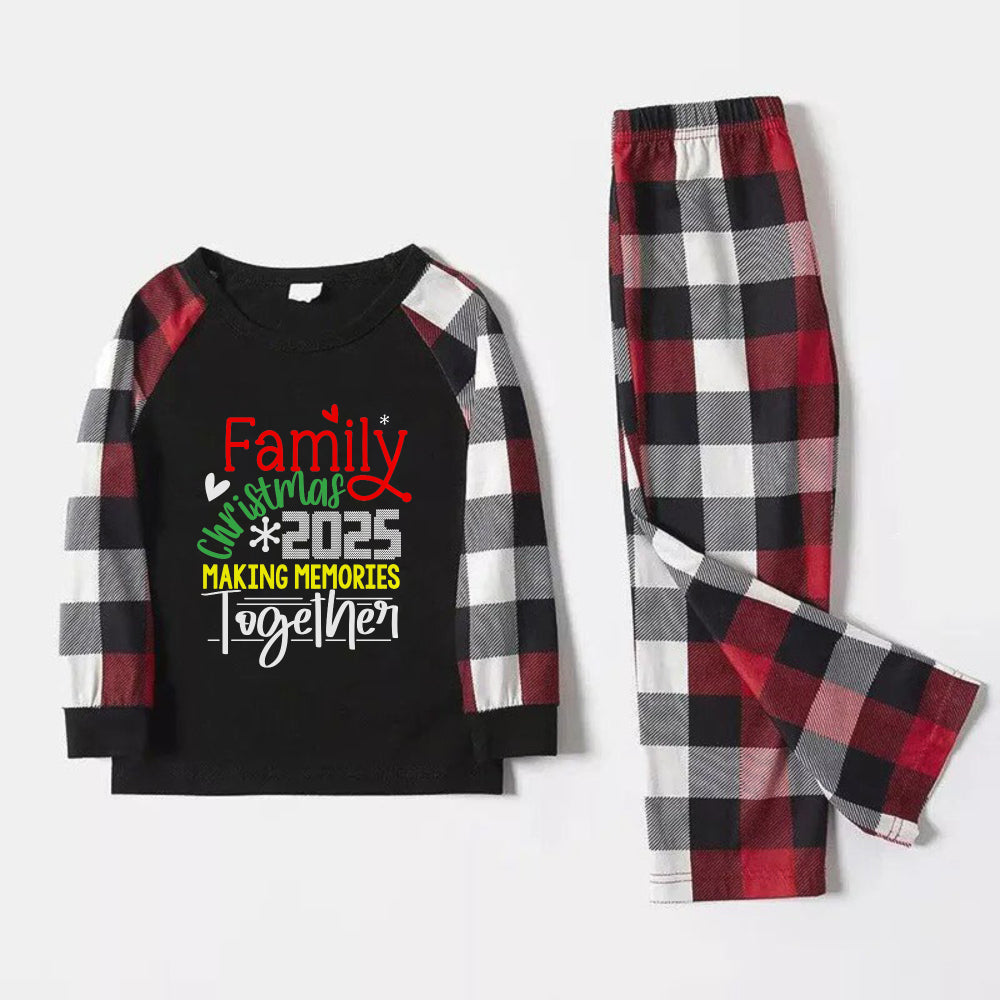 Christmas Family Matching Pajamas-Red and Gray Plaid Pjs set with "Family Christmas 2025 Making Memories Together" Colorful Slogan Print
