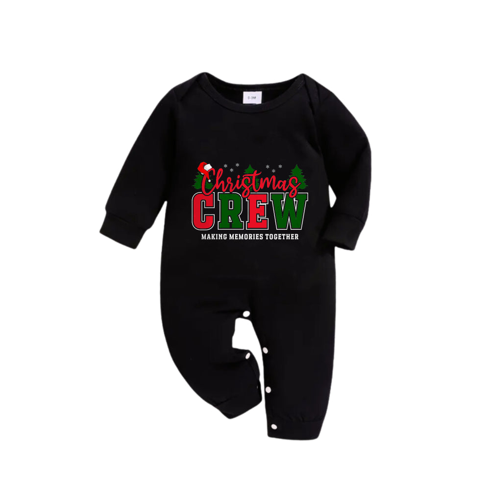 Christmas Family Matching Pajamas-Black Top and Green Plaid Pants Pjs Set with "Christmas Crew Making Memories Together " Slogan Print
