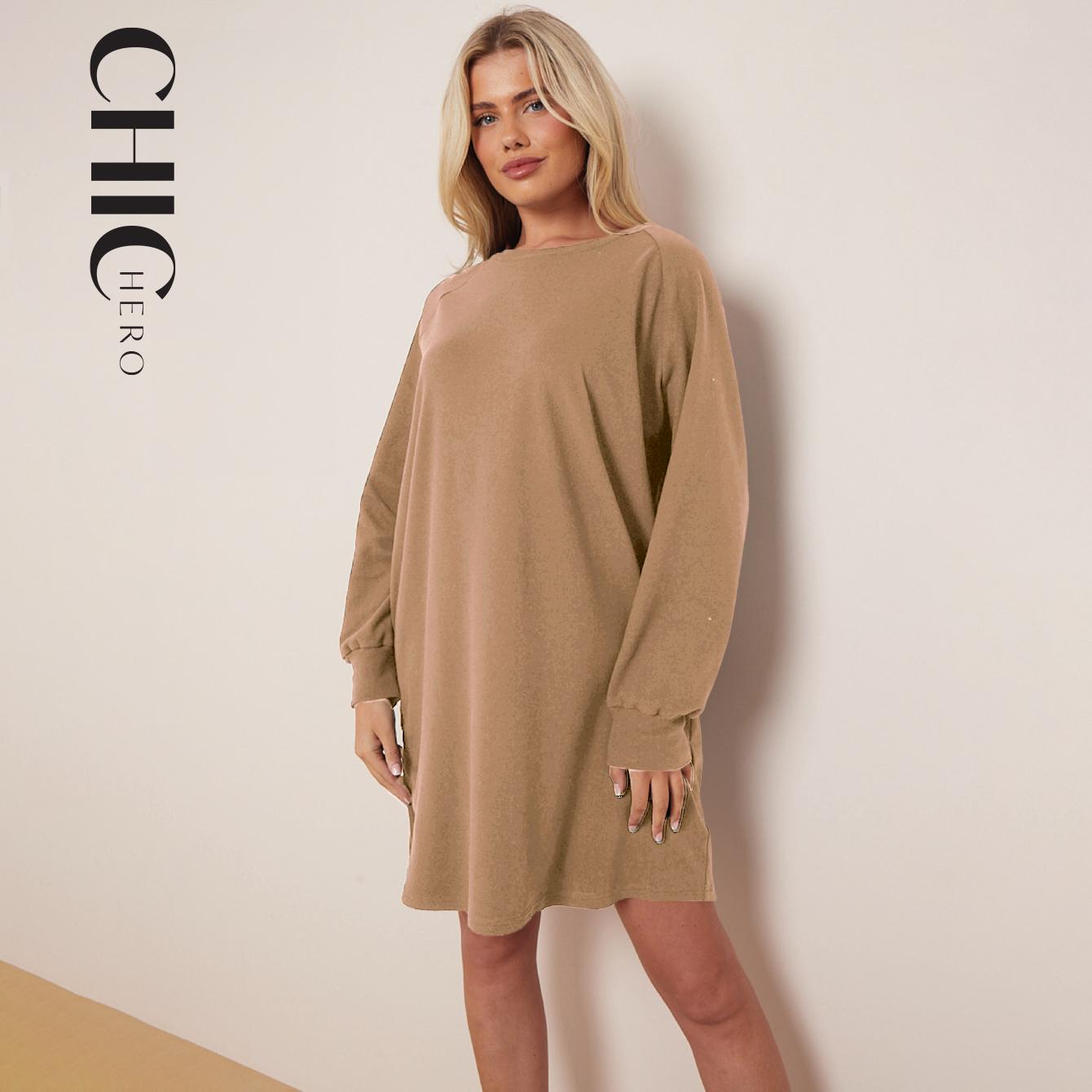 ChicHero Women's Long Sleeve Dress Brushed Jersey Casual Loose Fit Crewneck Raglan Dress Oversized Long Jersey Tops