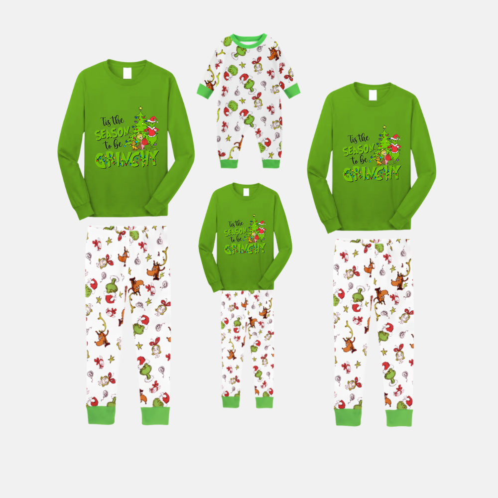 Christmas Family Matching Pajamas-Green Top and Grinch Pants Pjs Set with "Tis The Season To Be Grinchy" Print