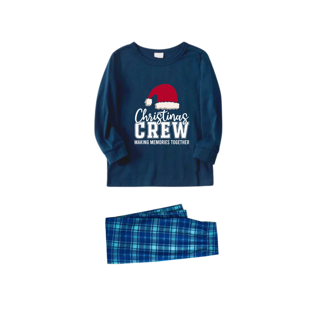 Christmas Family Matching Pajamas-Navy & Sky Blue Plaid Pjs Set with "Christmas Crew Making Memories Together" and Santa Hat Pattern Print