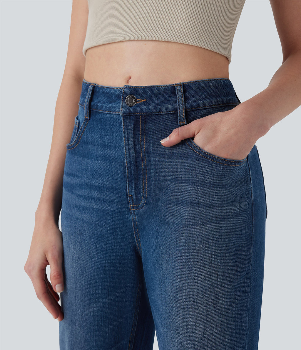 FlexTM Mid Rise Straight Leg Washed Casual Jeans with Pockets