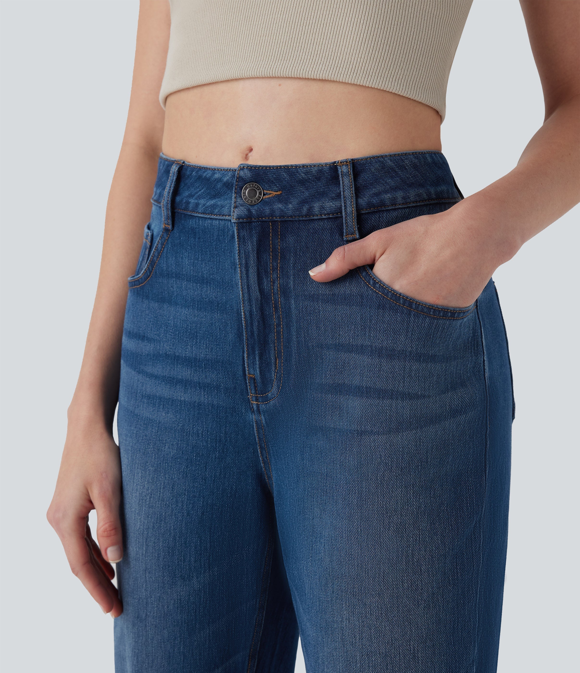 FlexTM Mid Rise Straight Leg Washed Casual Jeans with Pockets