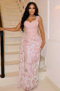 Mesh Wide Straps Cinch Waist Slim Fit Gowns Maxi Dresses-Pink