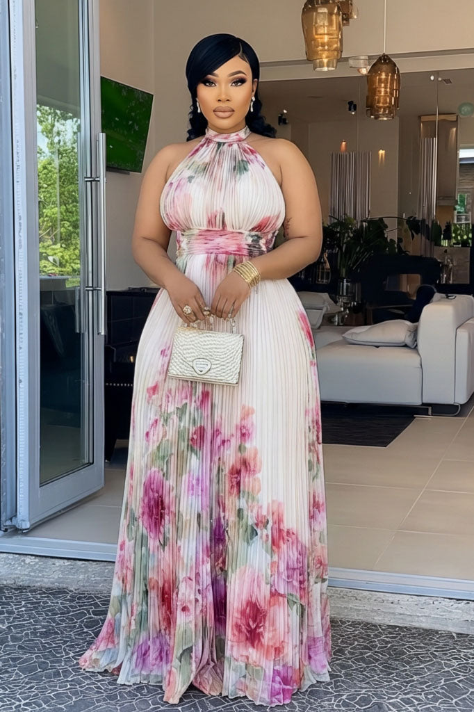 Halter Sleeveless Flower Pleated Losses Fit Maxi Dresses-White