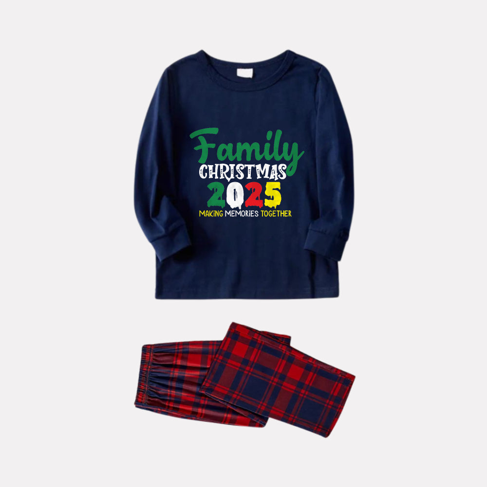 Christmas Family Matching Pajamas-Navy & Red Plaid Pjs Set with "Family Christmas 2025" Text Print