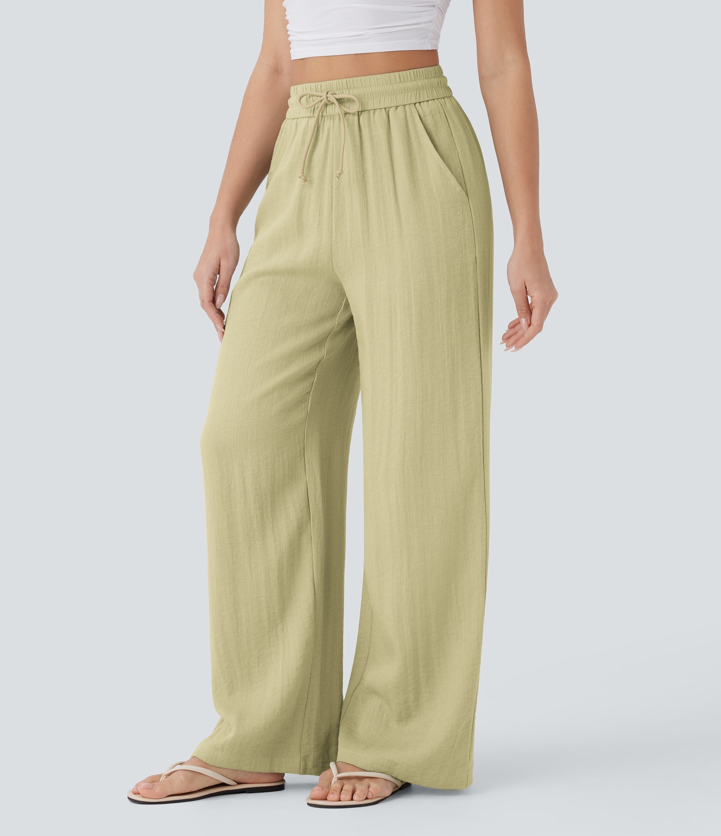 Women Summer High Waisted Drawstring Pocket Wide Leg Casual Linen-Feel Pants