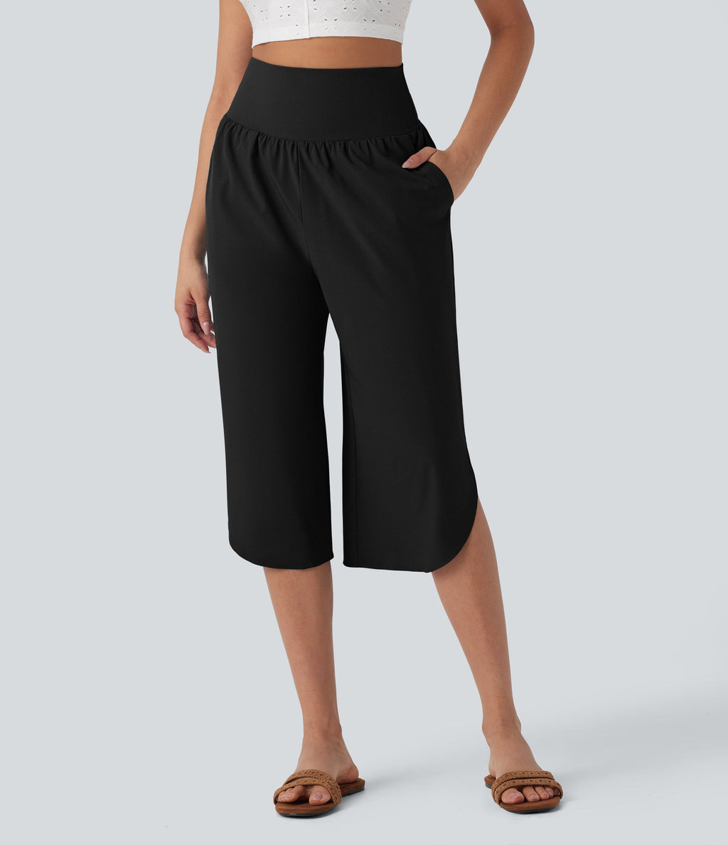 BreezefulTM SoCinched High Waisted Tummy Control Hem Quick Dry Capri Pants with Pockets