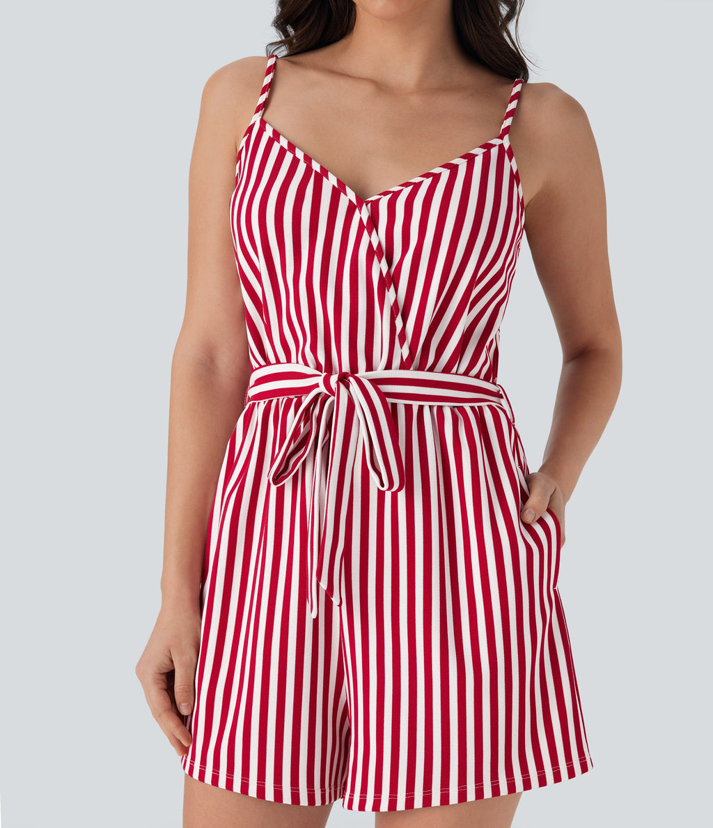 V-neck Snap Belted Stripe Waffle Jumpsuit with Pockets