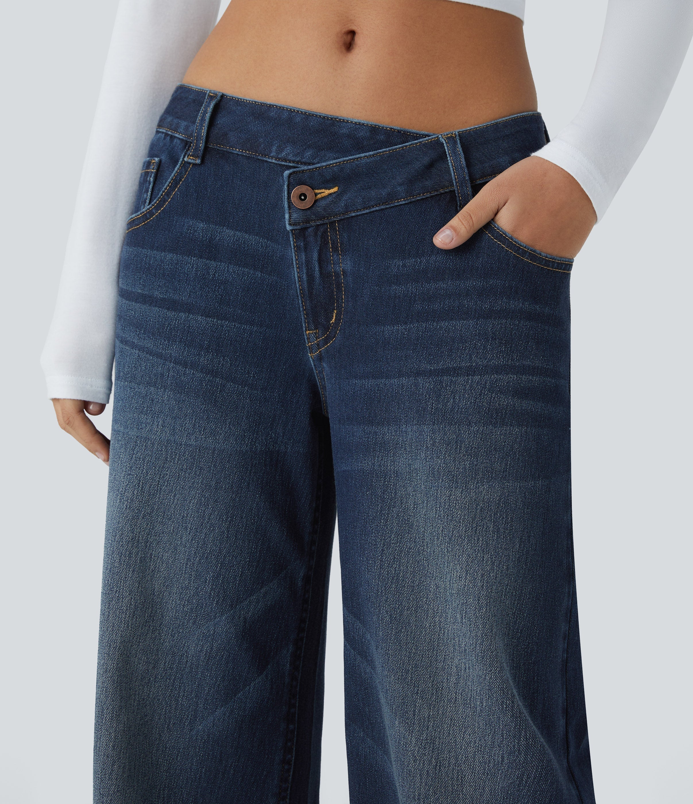 FlexTM Asymmetric Low Rise Zipper Pockets Baggy Wide Leg Washed Casual Jeans