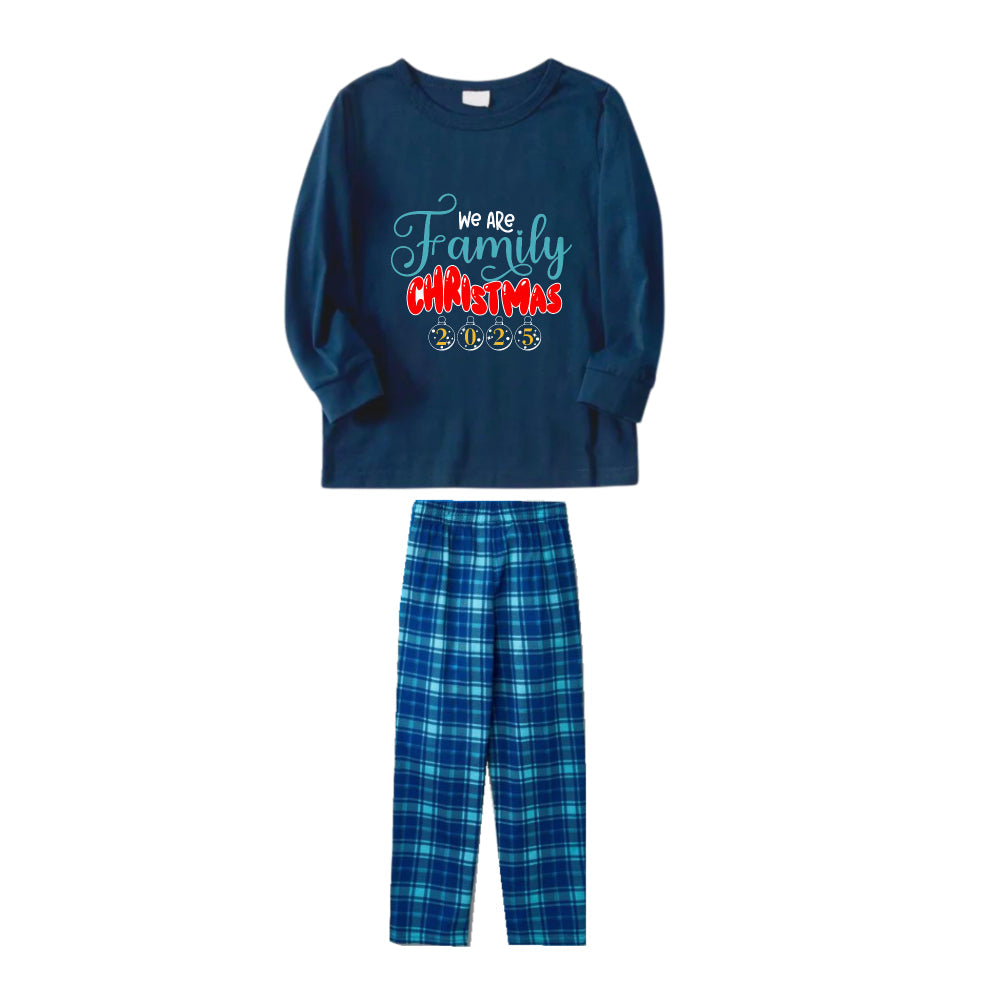Christmas Family Matching Pajamas-Navy & Sky Blue Plaid Pjs Set with "We Are Family" Christmas Slogan Print