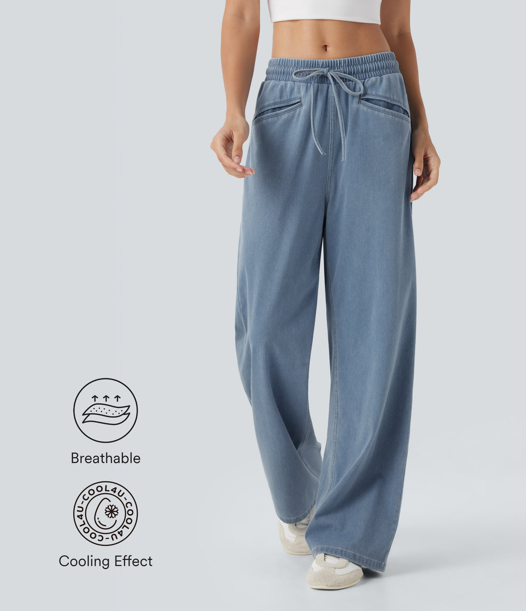 FlexTM High Waisted Drawstring Wide Leg Cool Touch Casual Jeans with Pockets