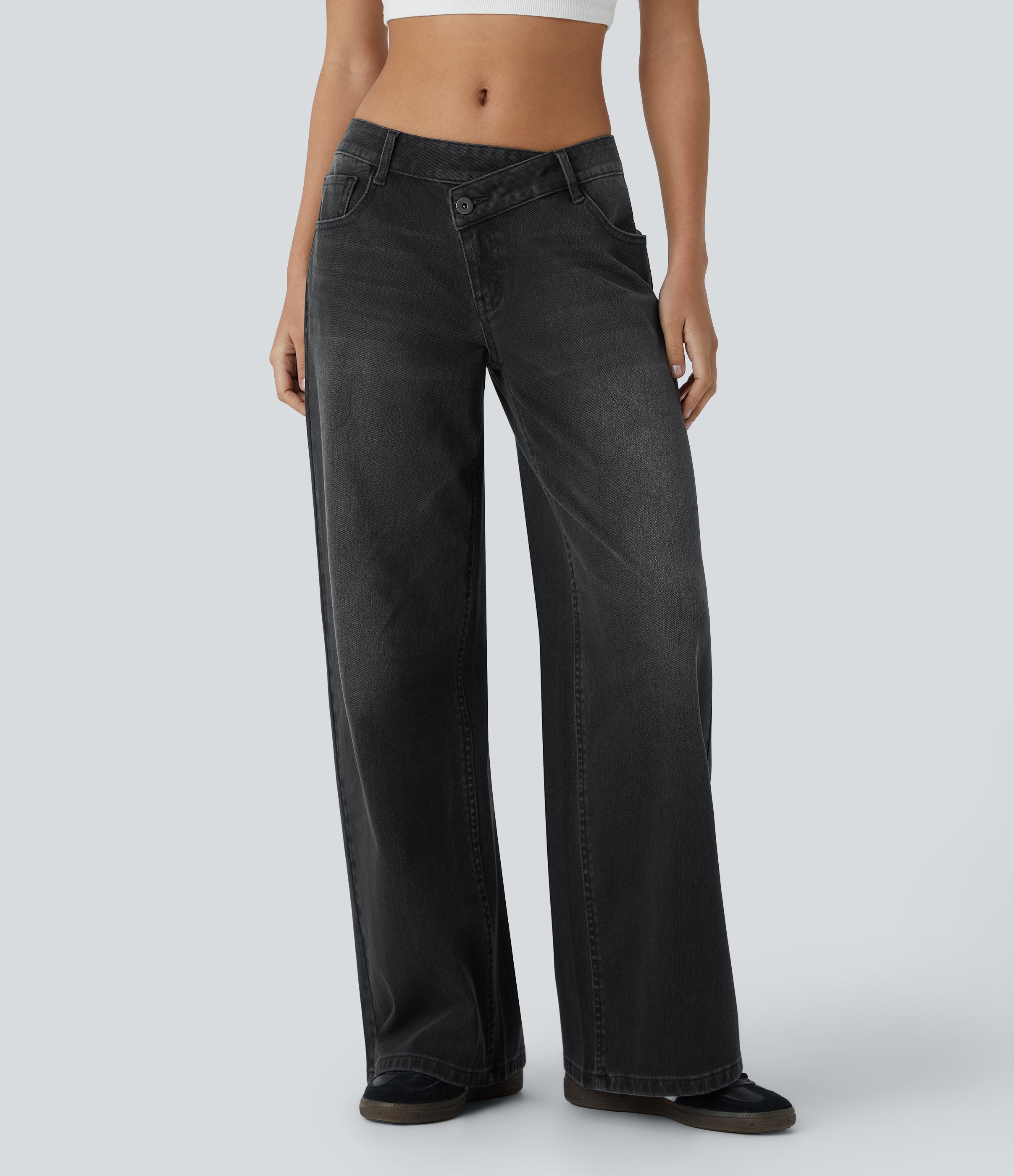 FlexTM Asymmetric Low Rise Zipper Pockets Baggy Wide Leg Washed Casual Jeans