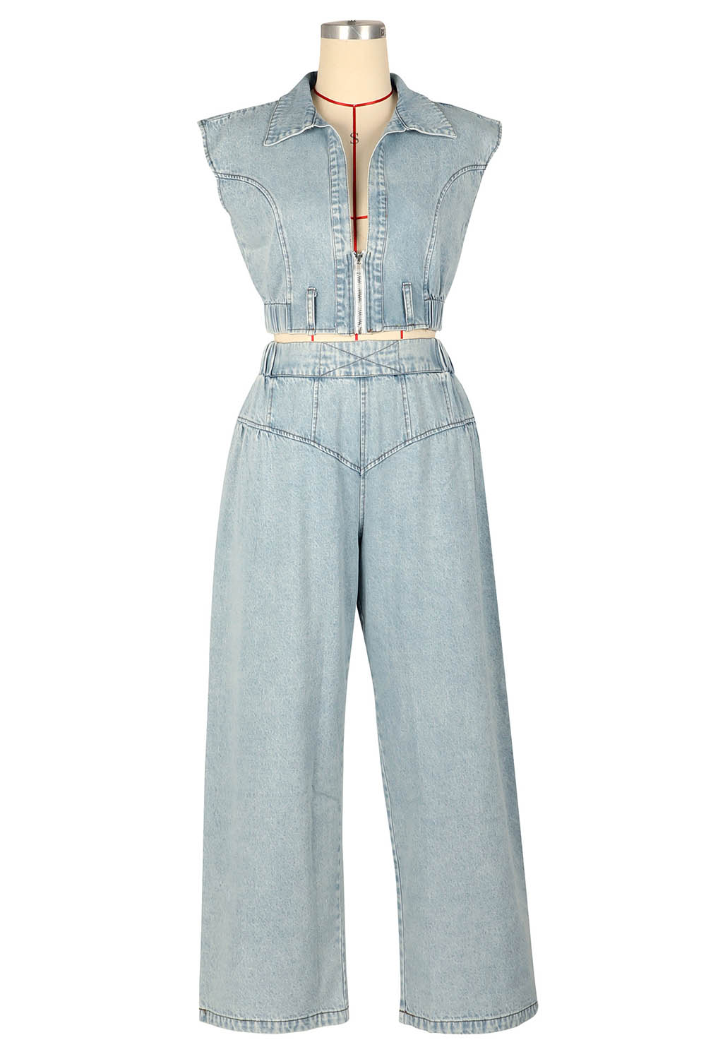 Denim V Neck Sleeveless Zipper Crop Top Wide Leg Pants Casual 2pcs Set-Blue