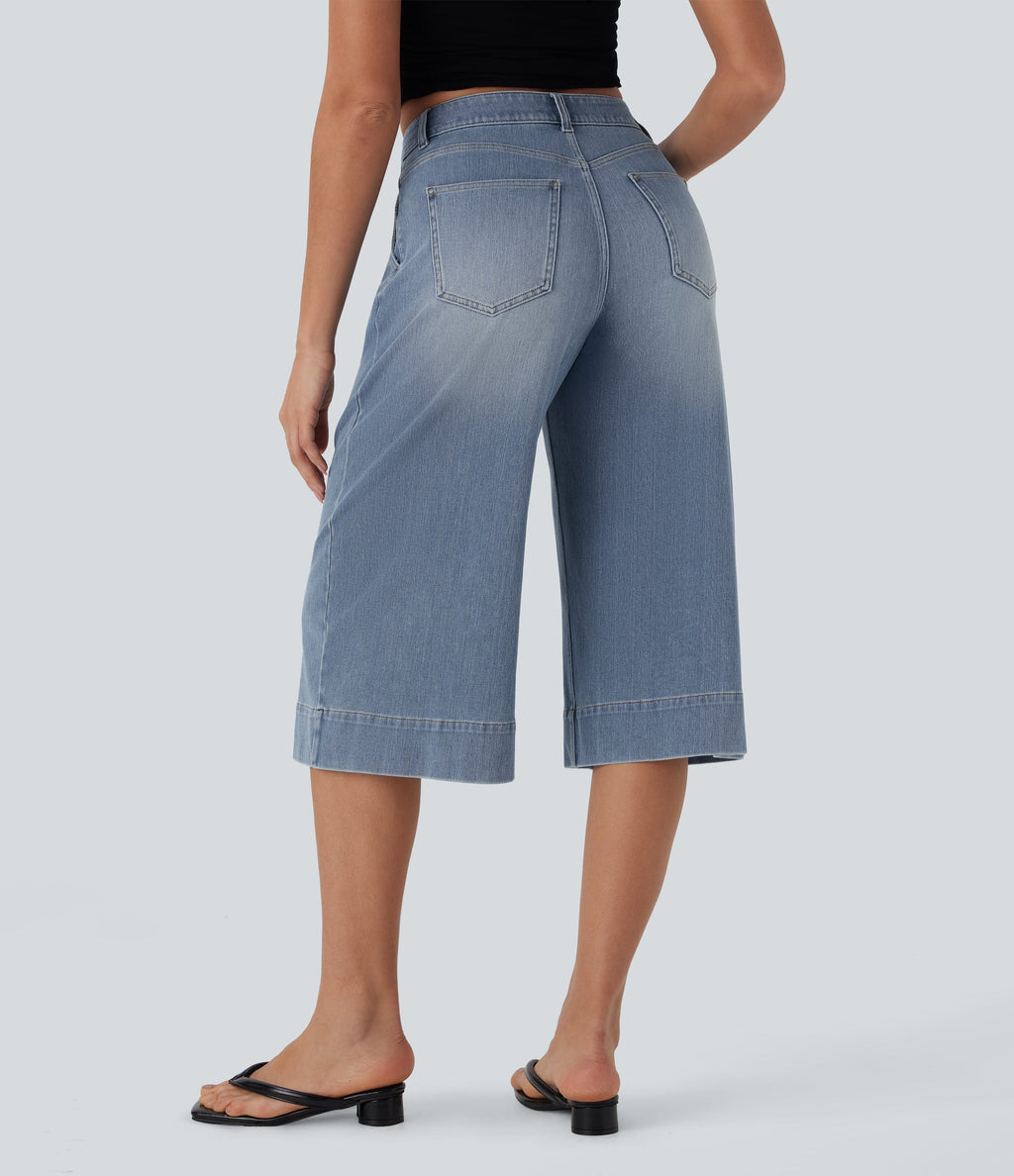 FlexTM Mid Rise Capri Wide Leg Washed Casual Jeans with Pockets