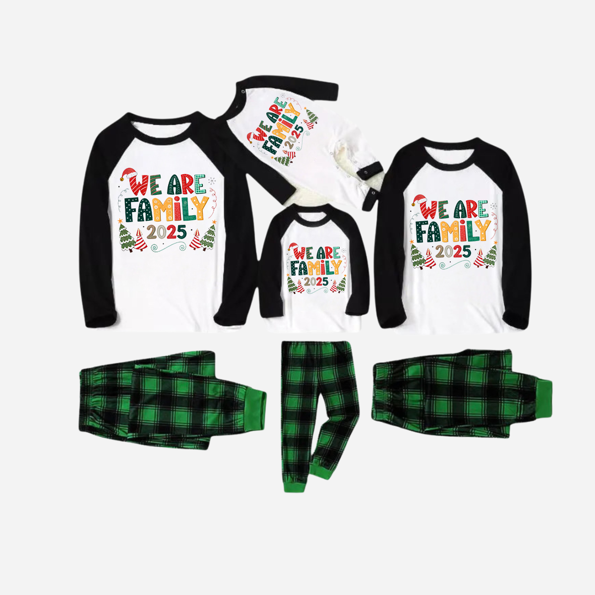 Black Raglan Top Green Plaid Christmas Pajamas Set With "We are Family" Colorful Text Print