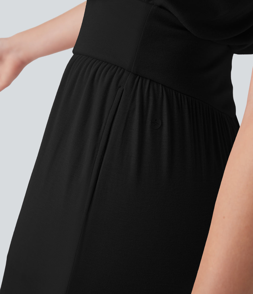 Ribbed Cowl Neck Sleeveless Wide Leg Casual Jumpsuit with Pockets