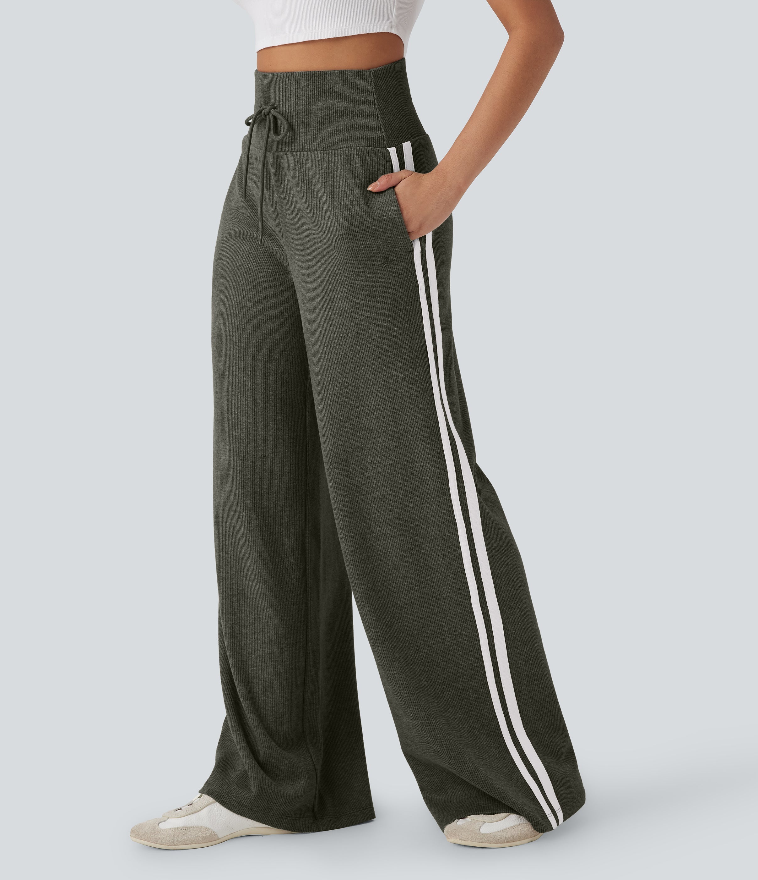 2026🔥 Ribbed SoCinched High Waisted Tummy Control Drawstring Wide Leg Color Block Casual Trousers with Pockets