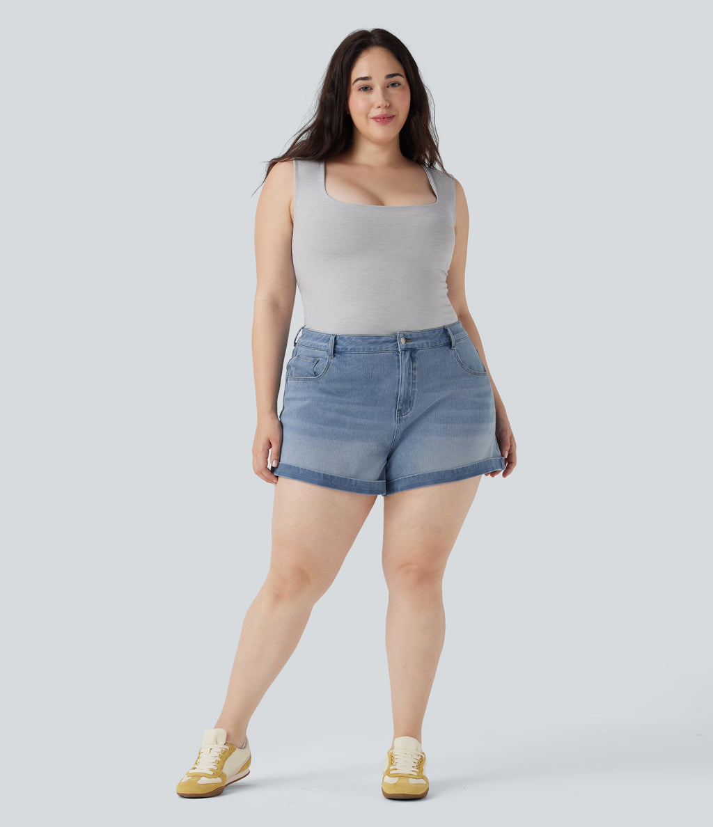 FlexTM Mid Rise Zipper Pockets Denim Casual Plus Size Shorts 3''