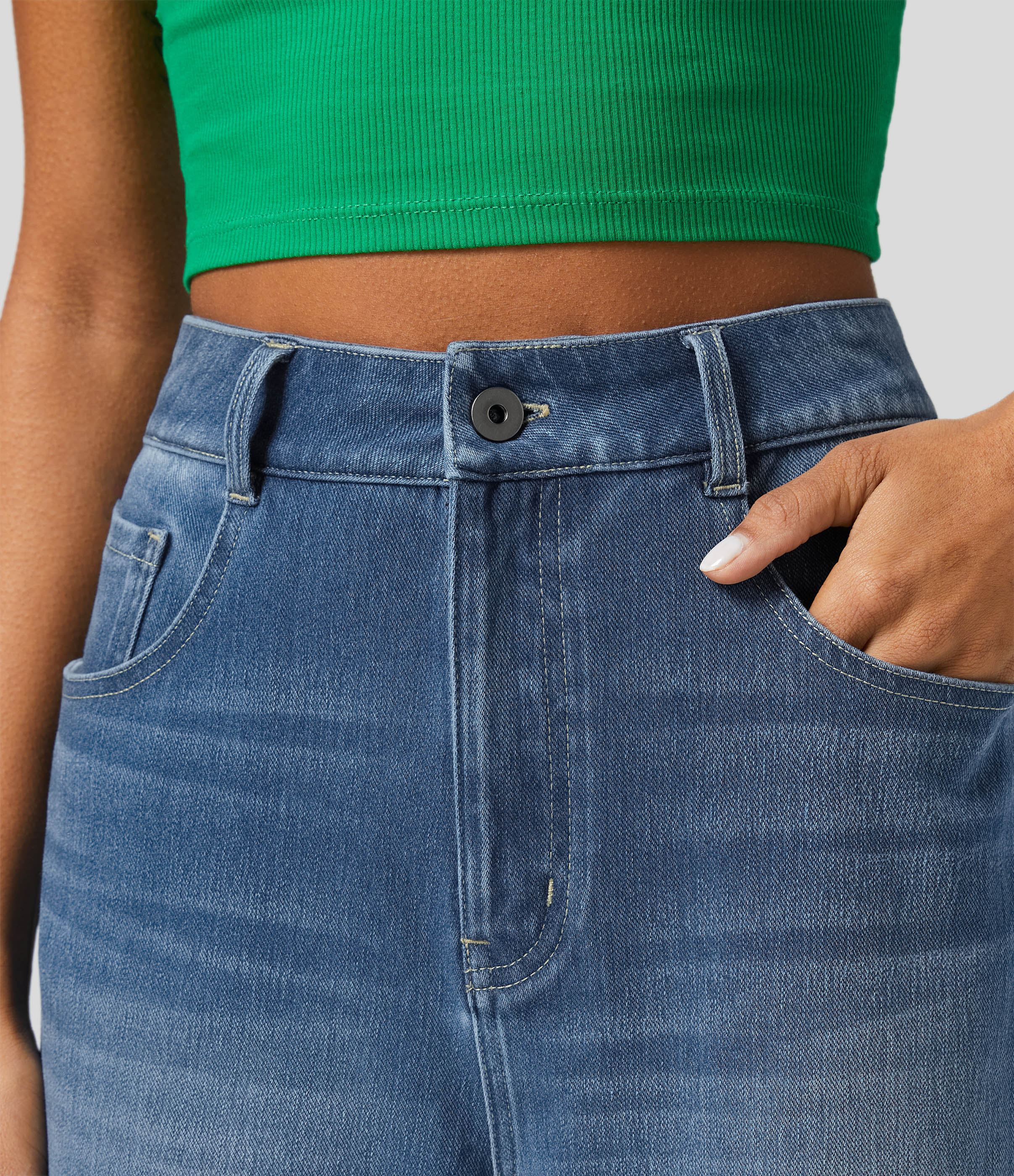 FlexTM High Waisted Multiple Pockets Rolled Hem Wide Leg Washed Stretchy Knit Casual Jeans