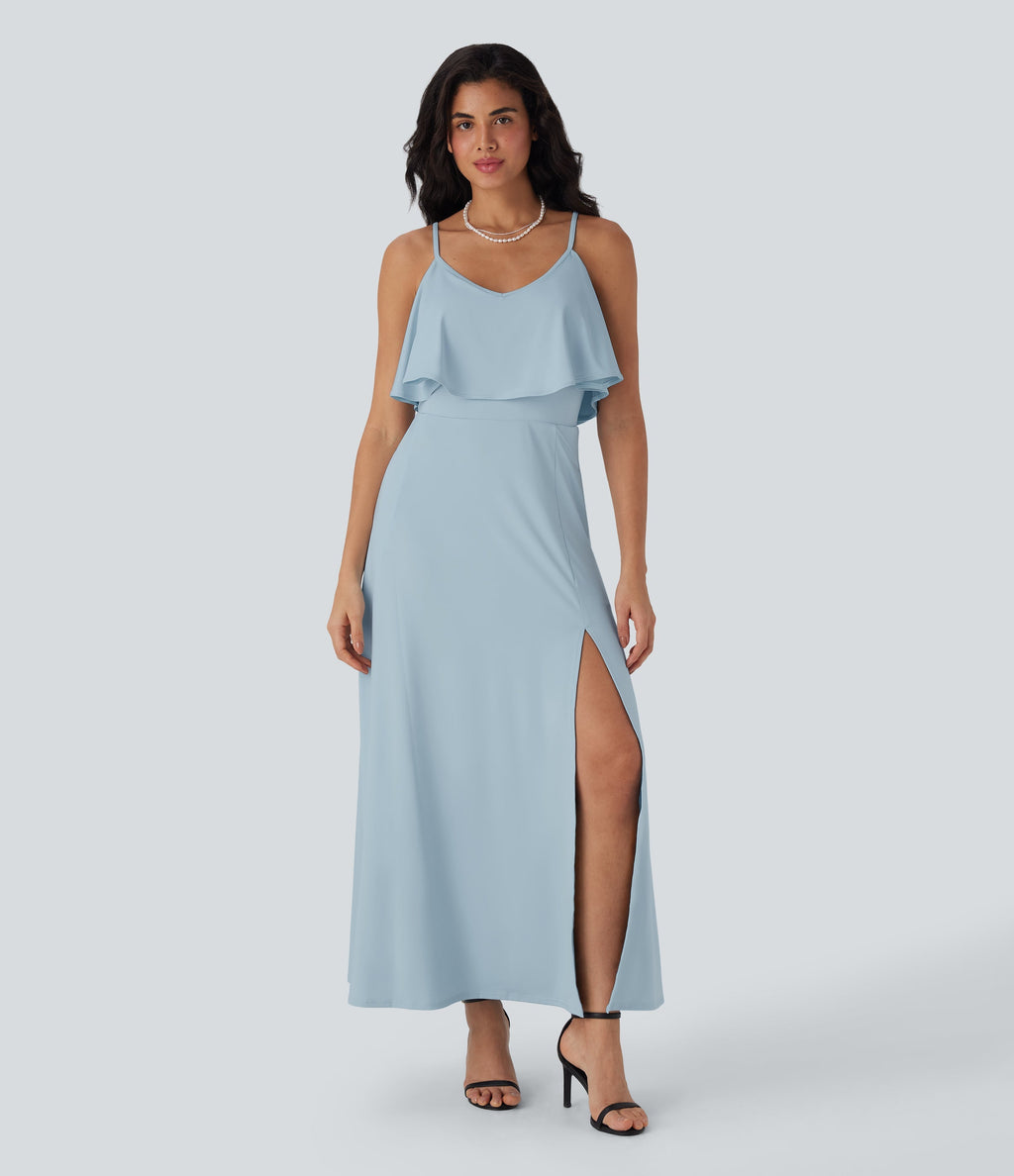 Ruffle Maxi Slip Dress with Pockets