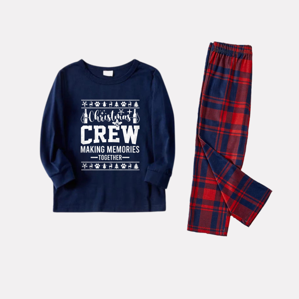 Christmas Family Matching Pajamas-Navy & Red Plaid Pjs Set with "Christmas Crew Making Memories Together" and Christmas Pattern Print