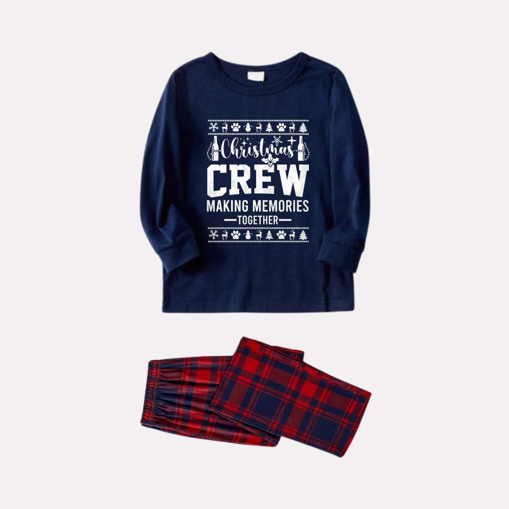Christmas Family Matching Pajamas-Navy & Red Plaid Pjs Set with "Christmas Crew Making Memories Together" and Christmas Pattern Print