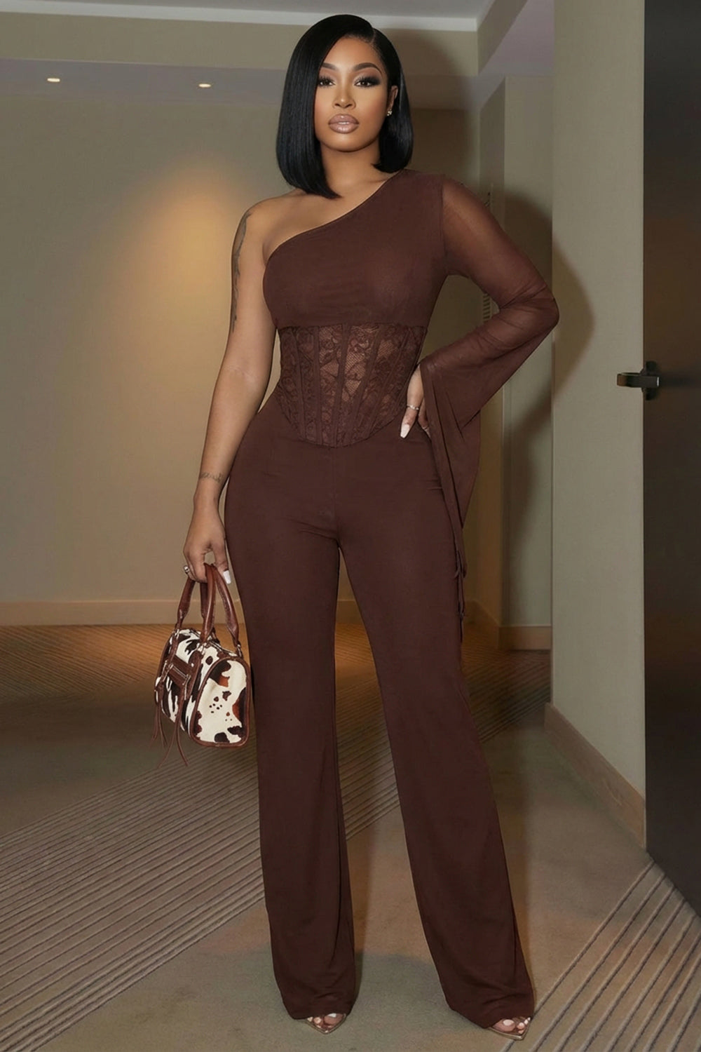 One Shoulder Mesh Flare Sleeve Straight Leg Party Jumpsuit-Brown