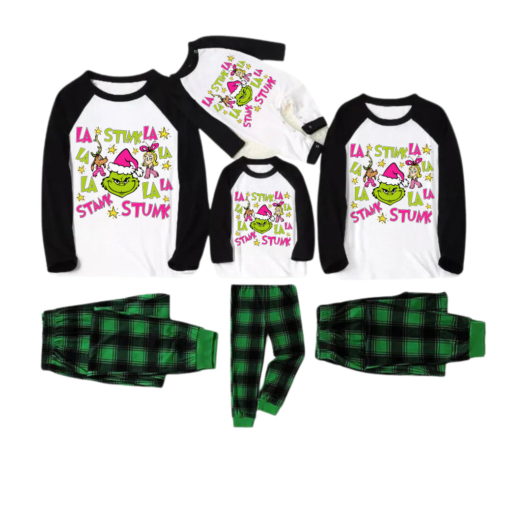Black Raglan Top Green Plaid Christmas Pajamas Set With Grinch and Holiday Text Print