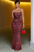 Spaghetti Strap Animal Print Bodycon Party Maxi Dresses-Burgundy