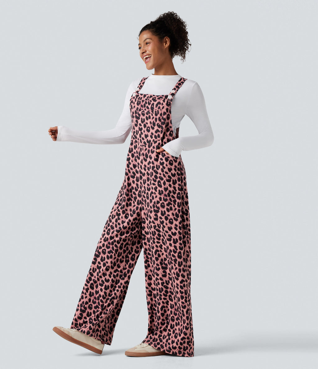 Leopard Print Waffle Casual Overalls with Pockets