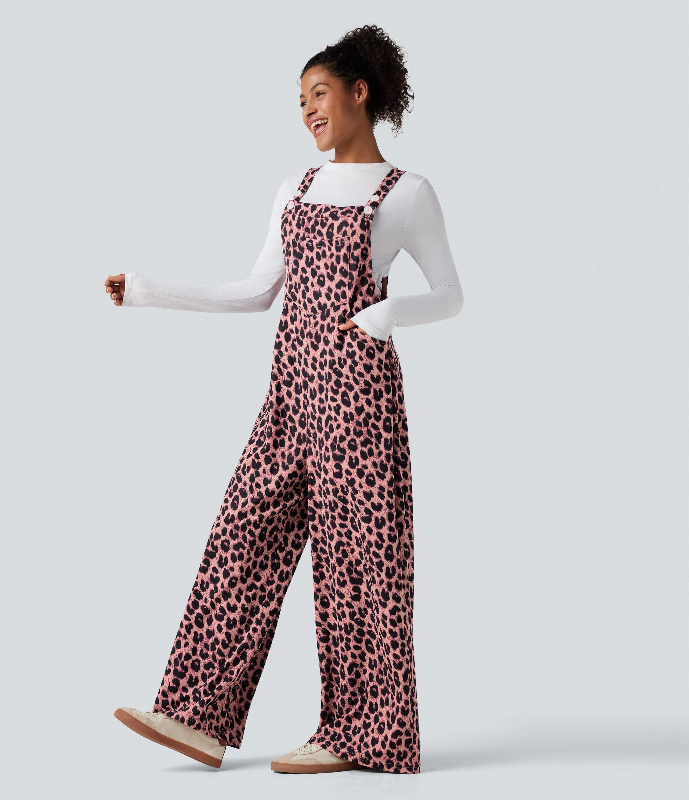 Leopard Print Waffle Casual Overalls with Pockets