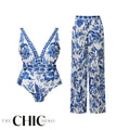 Chic Indigo Botanical Print One-Piece Swimsuit&Pants